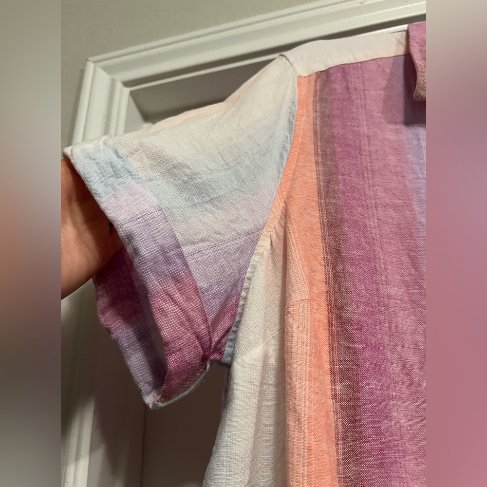 Terra & Sky Plus 0X (14W) Linen Cotton Blend Multicolor Stripe Button Front Top - Picture 3 of 11